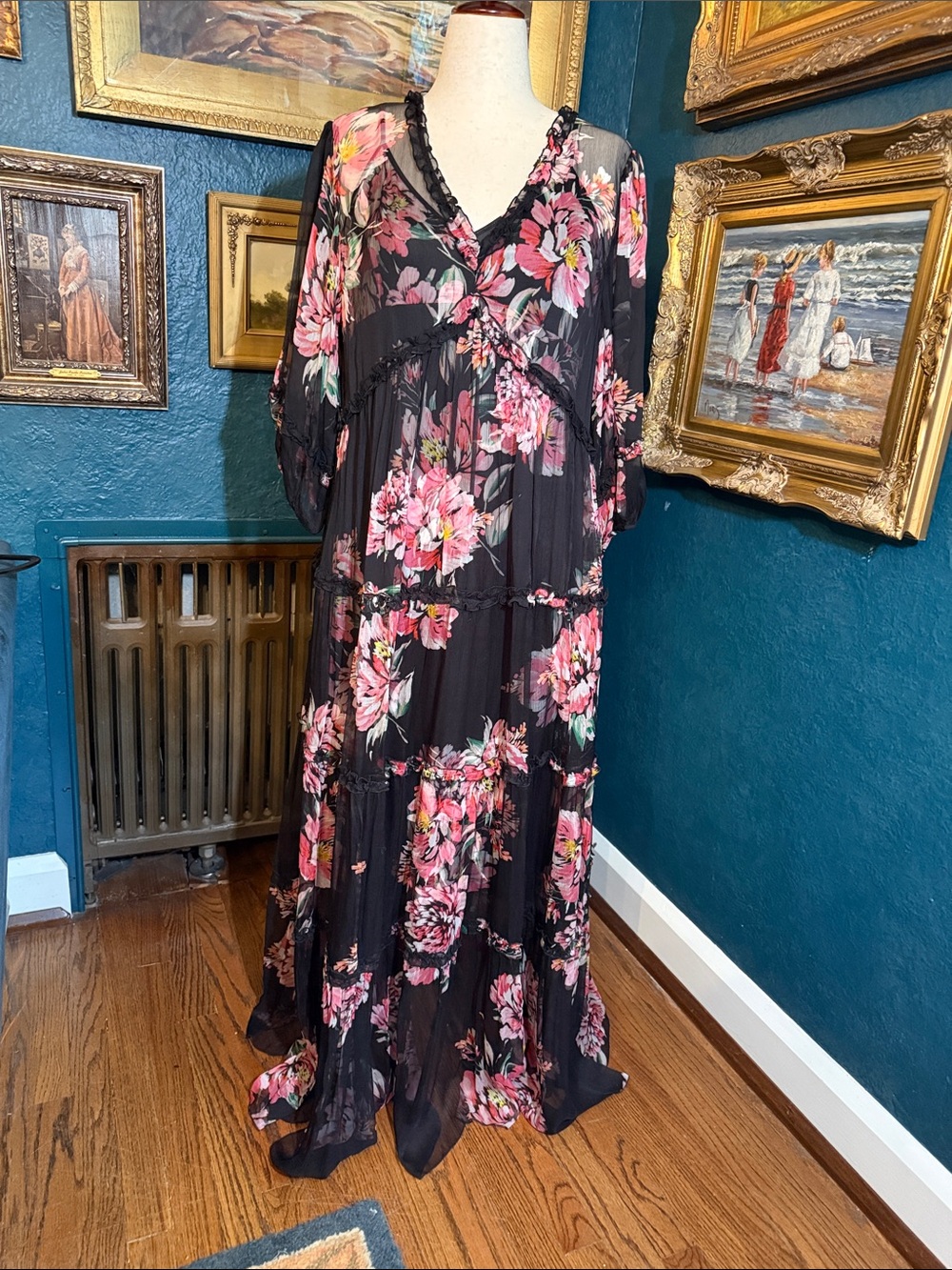 Jade (Johnny Was brand) Black Maxi Dress with Pink Floral Print